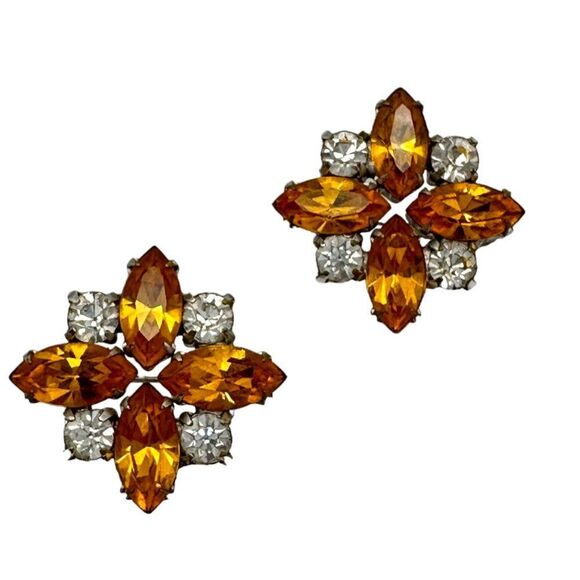 Vintage Rhinestone Sweater Pins Scatter Pins Orange Citrine Marquis Floral - Picture 4 of 6